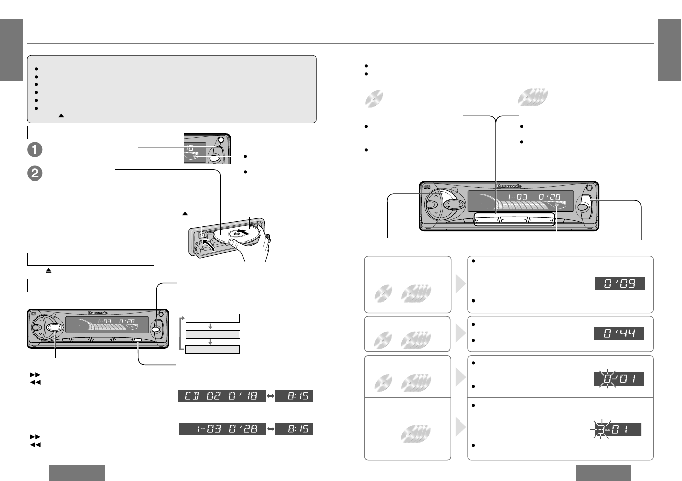 Cd player and cd changer, Disc insert and playback, Stop and disc eject | Listening to a cd, Cd receiver with changer control, Remote, Direct track selection, Direct disc selection, Display change, Mode selection | Panasonic CQ-DF302W User Manual | Page 10 / 25