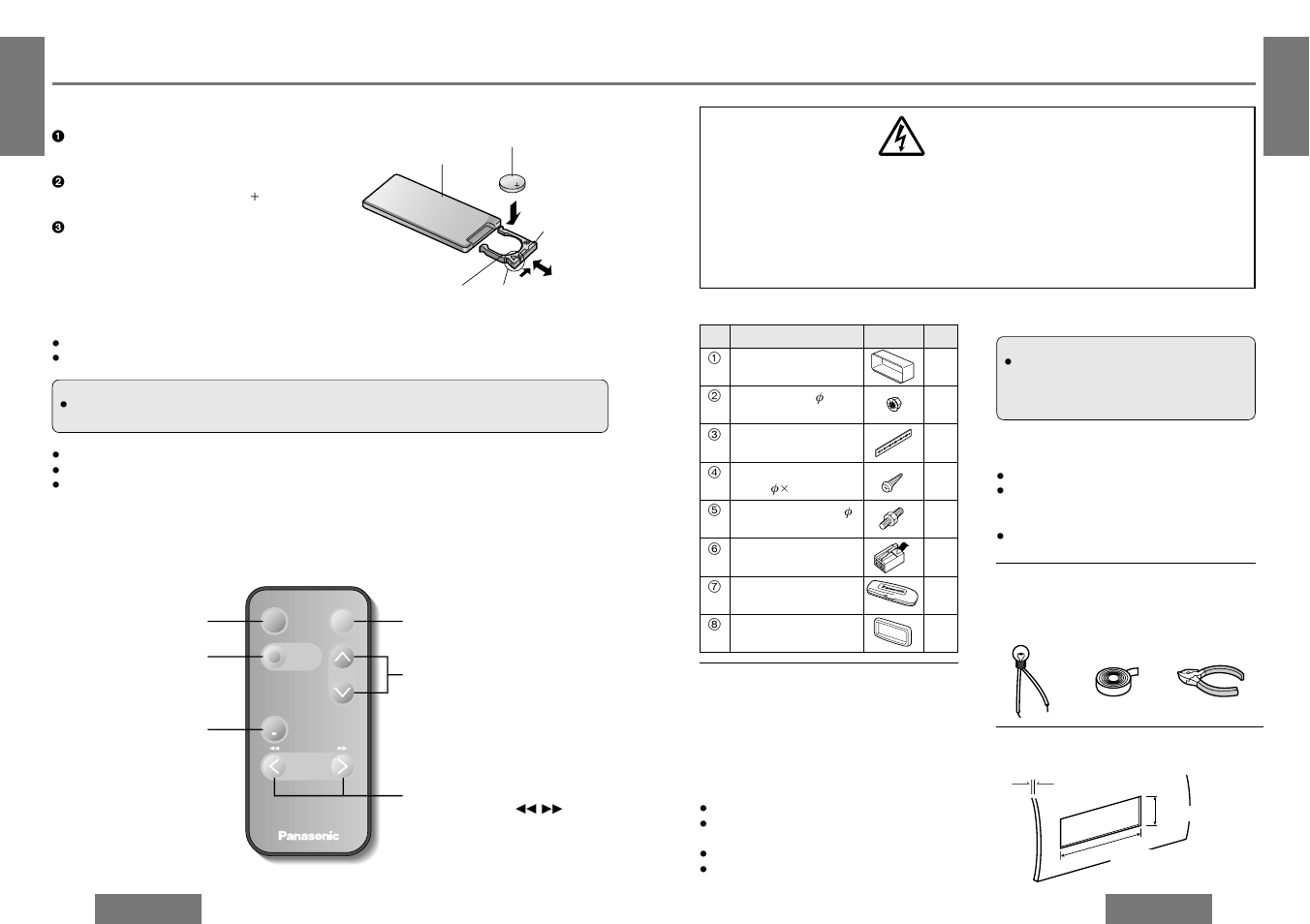 Installation guide, Remote control unit preparation, Warning | Battery installation, Control reference guide | Panasonic CQ-DF302W User Manual | Page 13 / 25