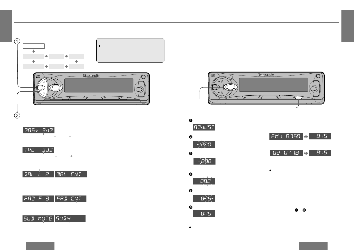Clock basics, Initial time, Clock display | Time reset, Power and sound controls, Audio mode (bass/treble/balance/fader/subwoofer), Continued), Subwoofer volume: bass, Treble, Balance | Panasonic CQ-DF302W User Manual | Page 7 / 25