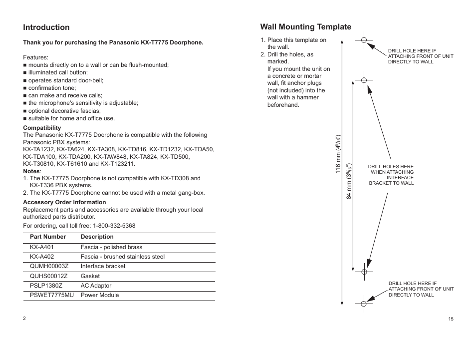 Introduction, Wall mounting template | Panasonic KX-T7775 User Manual | Page 2 / 8