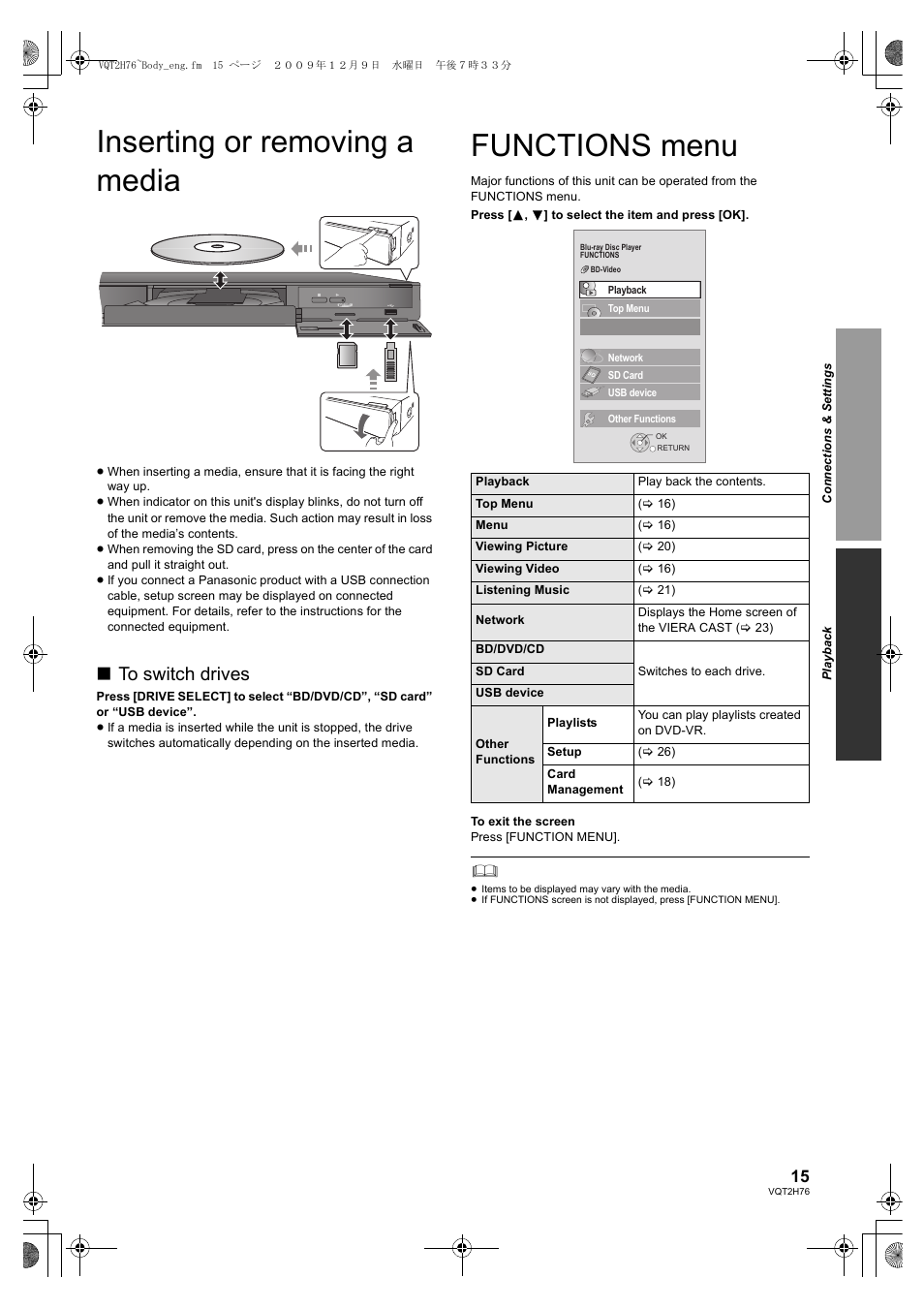 Inserting or removing a media, Functions menu | Panasonic DMP-BD85 User Manual | Page 15 / 44