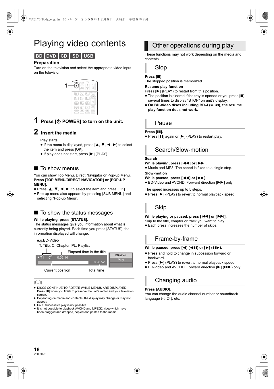 Playing video contents, Other operations during play | Panasonic DMP-BD85 User Manual | Page 16 / 44