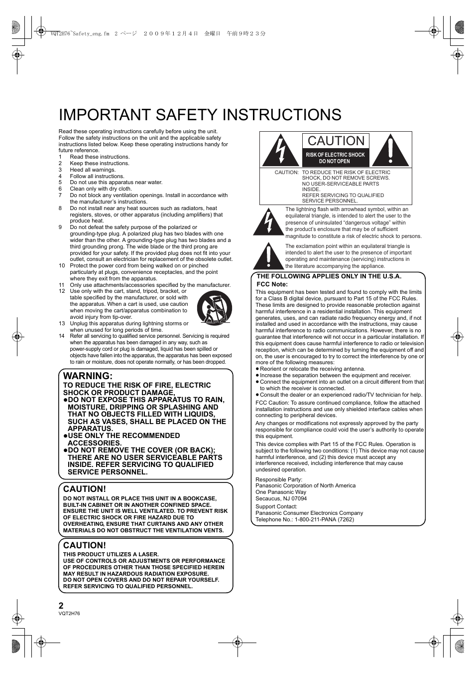 Important safetyinstructions, Important safety instructions, Warning | Caution | Panasonic DMP-BD85 User Manual | Page 2 / 44