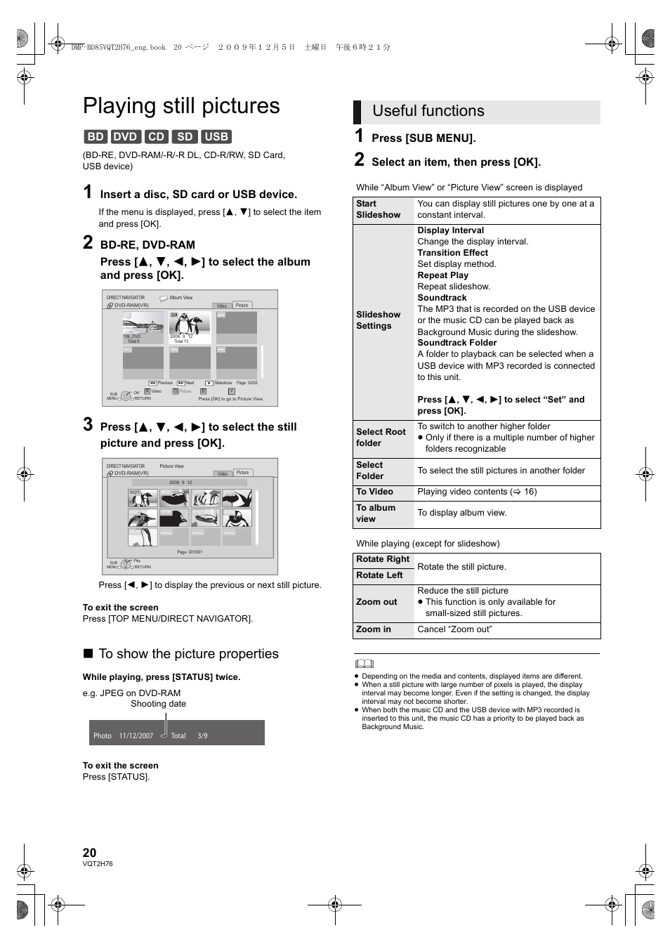 Playing still pictures, Useful functions, Bd dvd cd sd usb | Insert a disc, sd card or usb device, Press [sub menu, Select an item, then press [ok | Panasonic DMP-BD85 User Manual | Page 20 / 44