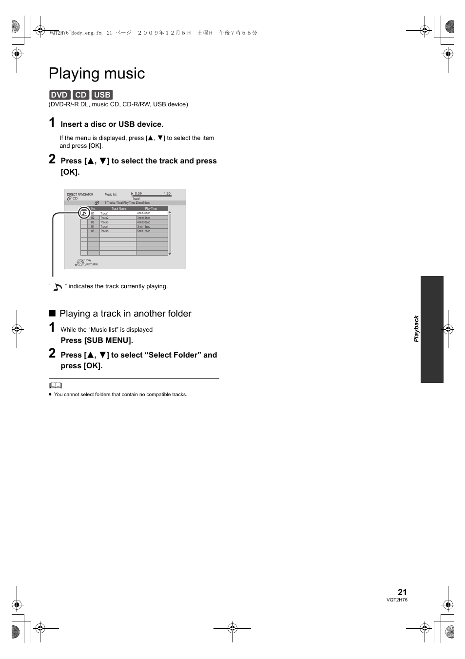 Playing music, Playing a track in another folder, Dvd cd usb | Panasonic DMP-BD85 User Manual | Page 21 / 44