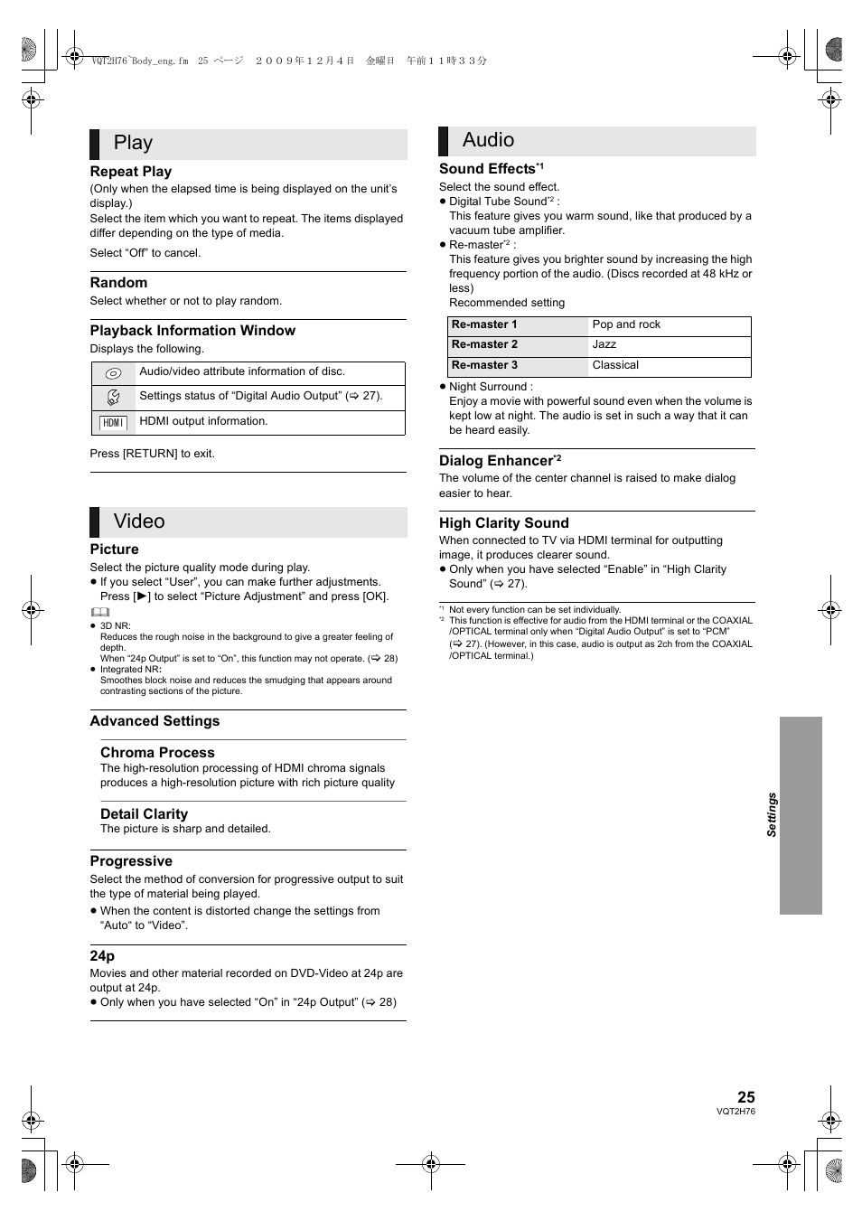 Play, Video, Audio | Panasonic DMP-BD85 User Manual | Page 25 / 44