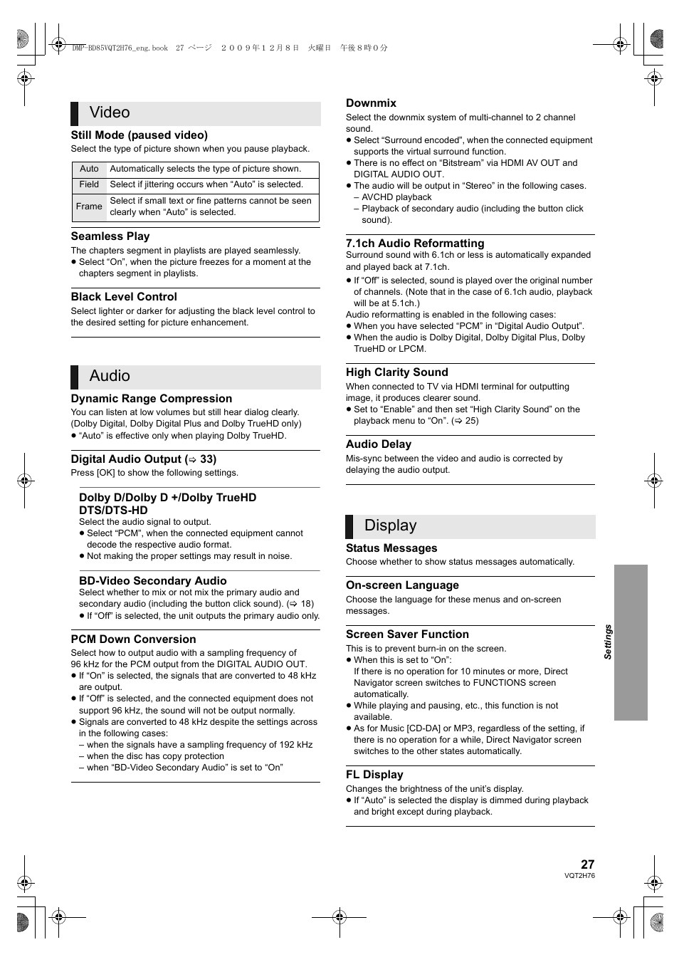 Video, Audio, Display | Panasonic DMP-BD85 User Manual | Page 27 / 44