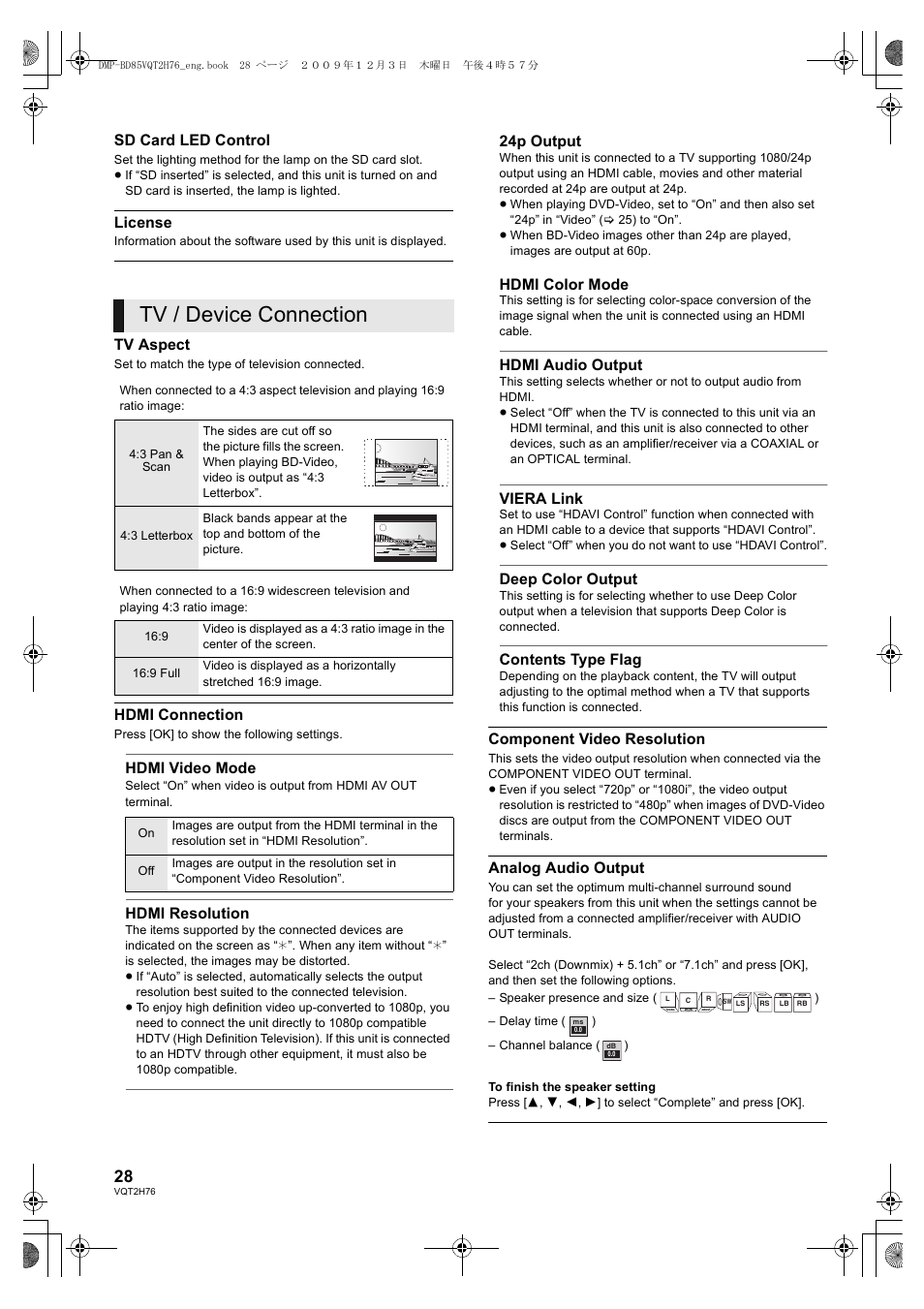 Tv / device connection | Panasonic DMP-BD85 User Manual | Page 28 / 44