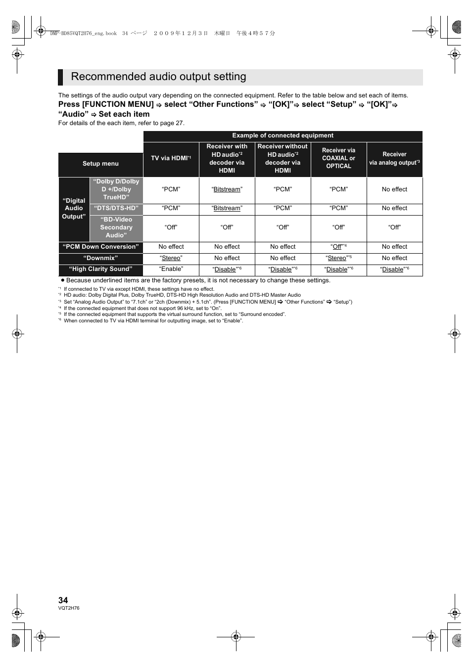 Recommended audio output setting, Press [function menu, Select “other functions | Select “setup, Audio, Set each item | Panasonic DMP-BD85 User Manual | Page 34 / 44