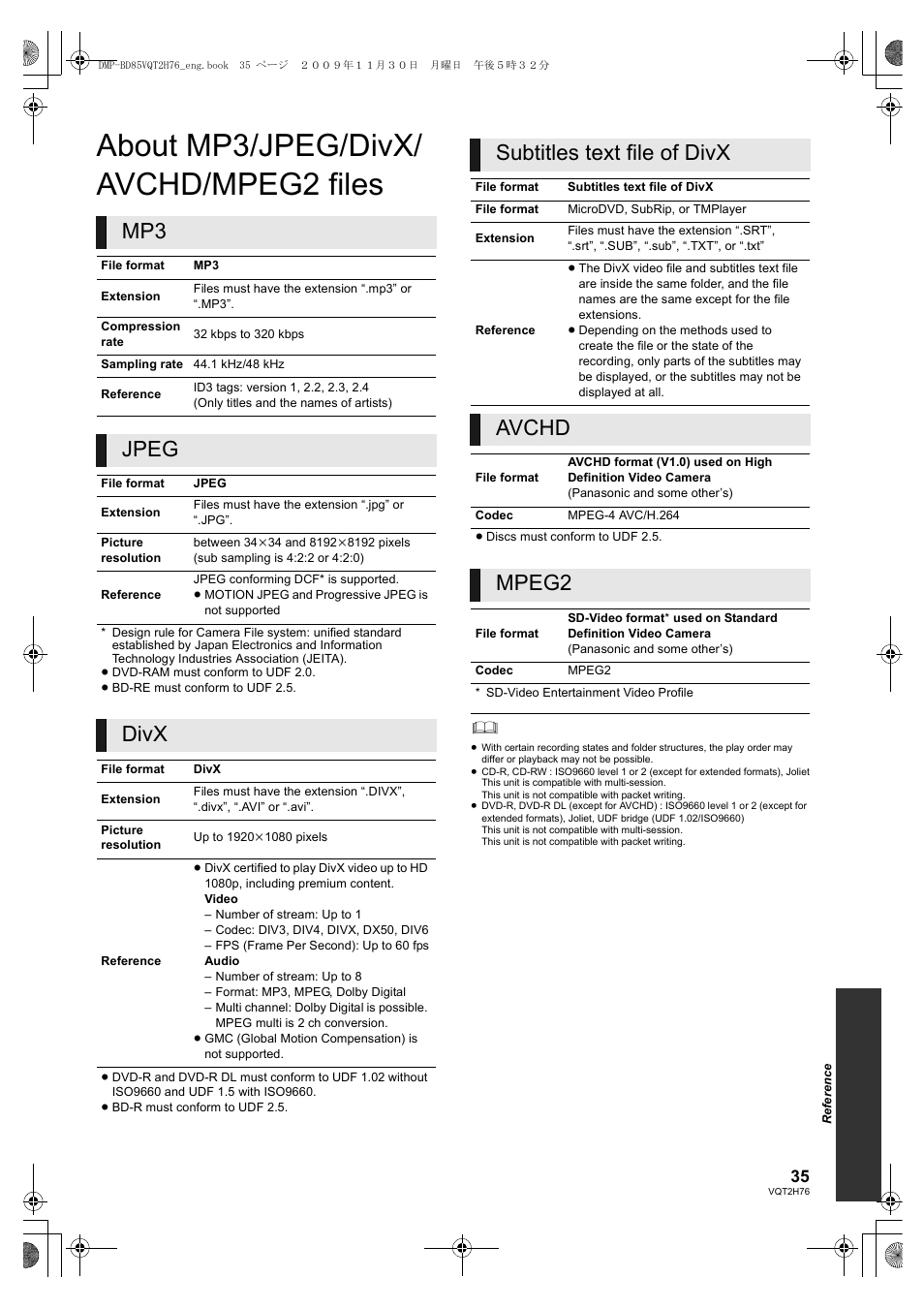 About mp3/jpeg/divx/avchd/mpeg2 files, About mp3/jpeg/divx/ avchd/mpeg2 files, Jpeg | Divx, Subtitles text file of divx, Avchd, Mpeg2 | Panasonic DMP-BD85 User Manual | Page 35 / 44