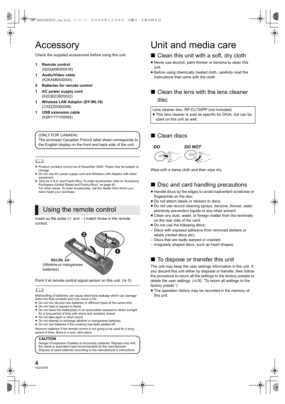 Accessory, Unit and media care, Using the remote control | Clean this unit with a soft, dry cloth, Disc and card handling precautions | Panasonic DMP-BD85 User Manual | Page 4 / 44