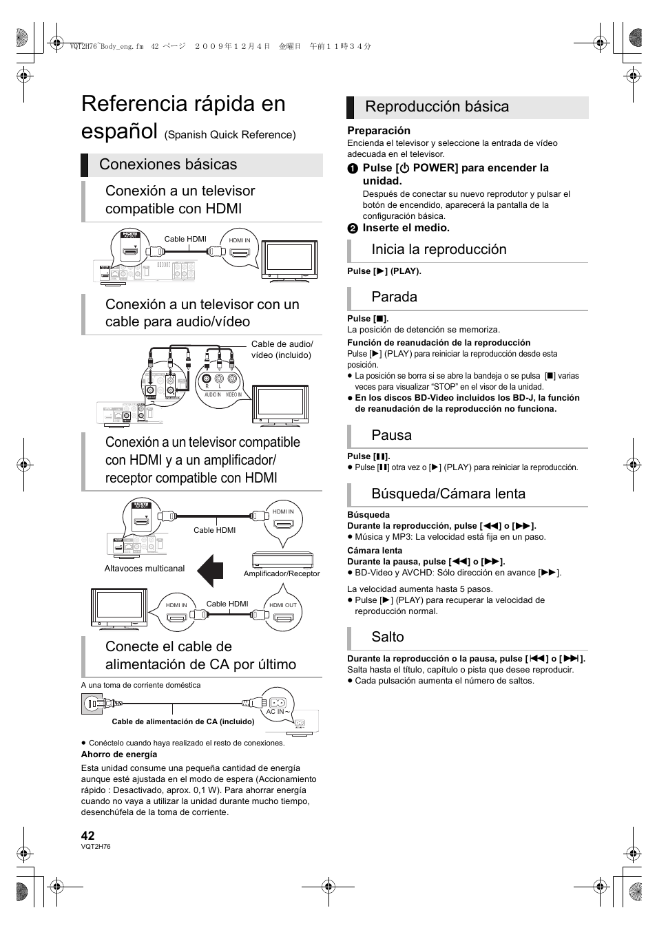 Referencia rápida en español, Conexiones básicas, Reproducción básica | Panasonic DMP-BD85 User Manual | Page 42 / 44