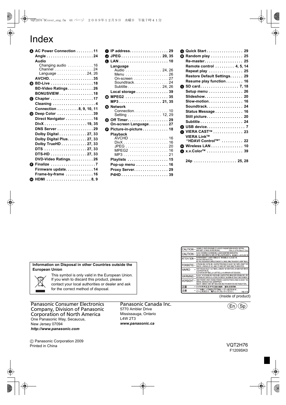 Index | Panasonic DMP-BD85 User Manual | Page 44 / 44