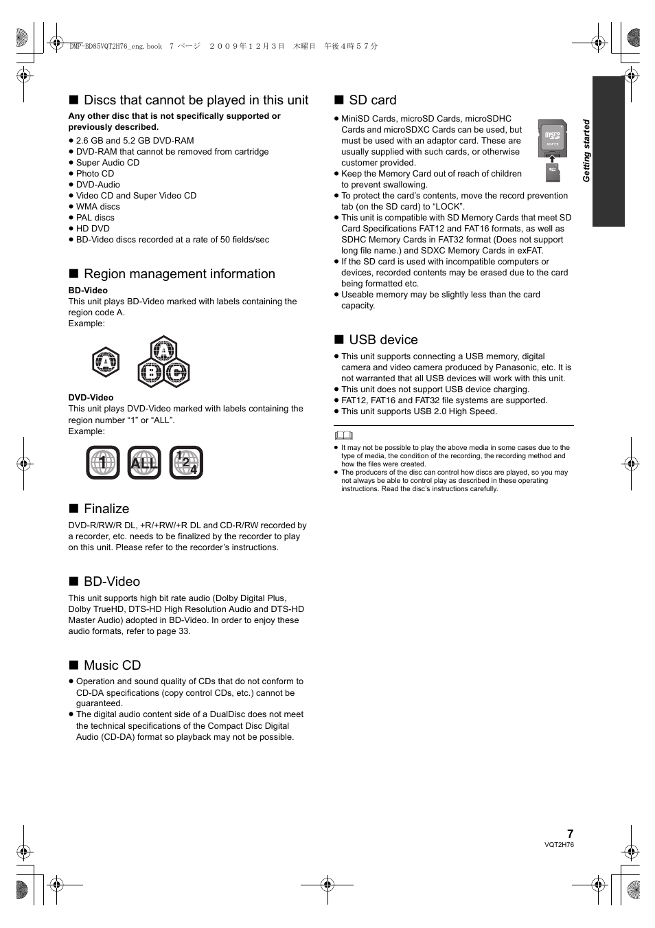 Step 1 : connecting to a tv, Discs that cannot be played in this unit, Region management information | Finalize, Bd-video, Music cd, Sd card, Usb device | Panasonic DMP-BD85 User Manual | Page 7 / 44