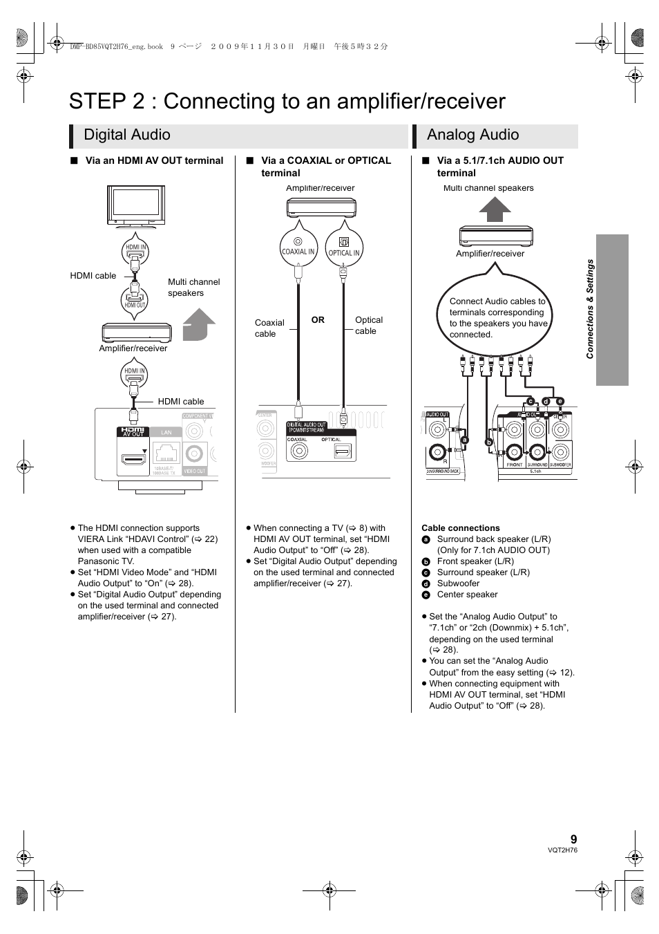 Step 2 : connecting to an amplifier/receiver, Digital audio analog audio | Panasonic DMP-BD85 User Manual | Page 9 / 44