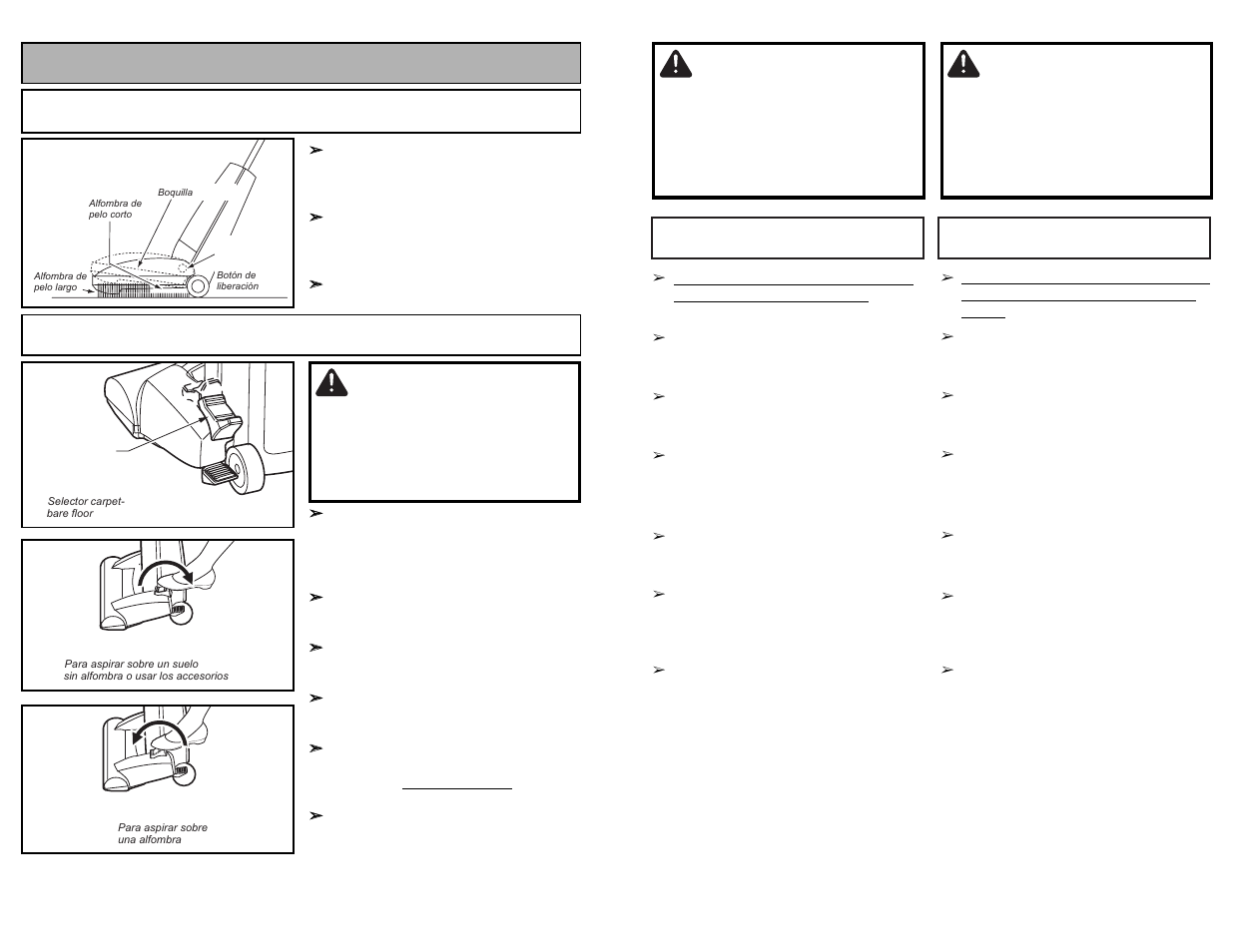 Features, Avertissement, Advertencia | Warning, Automatic self adjusting nozzle, Carpet-bare floor selector | Panasonic MC-UG504 User Manual | Page 16 / 44