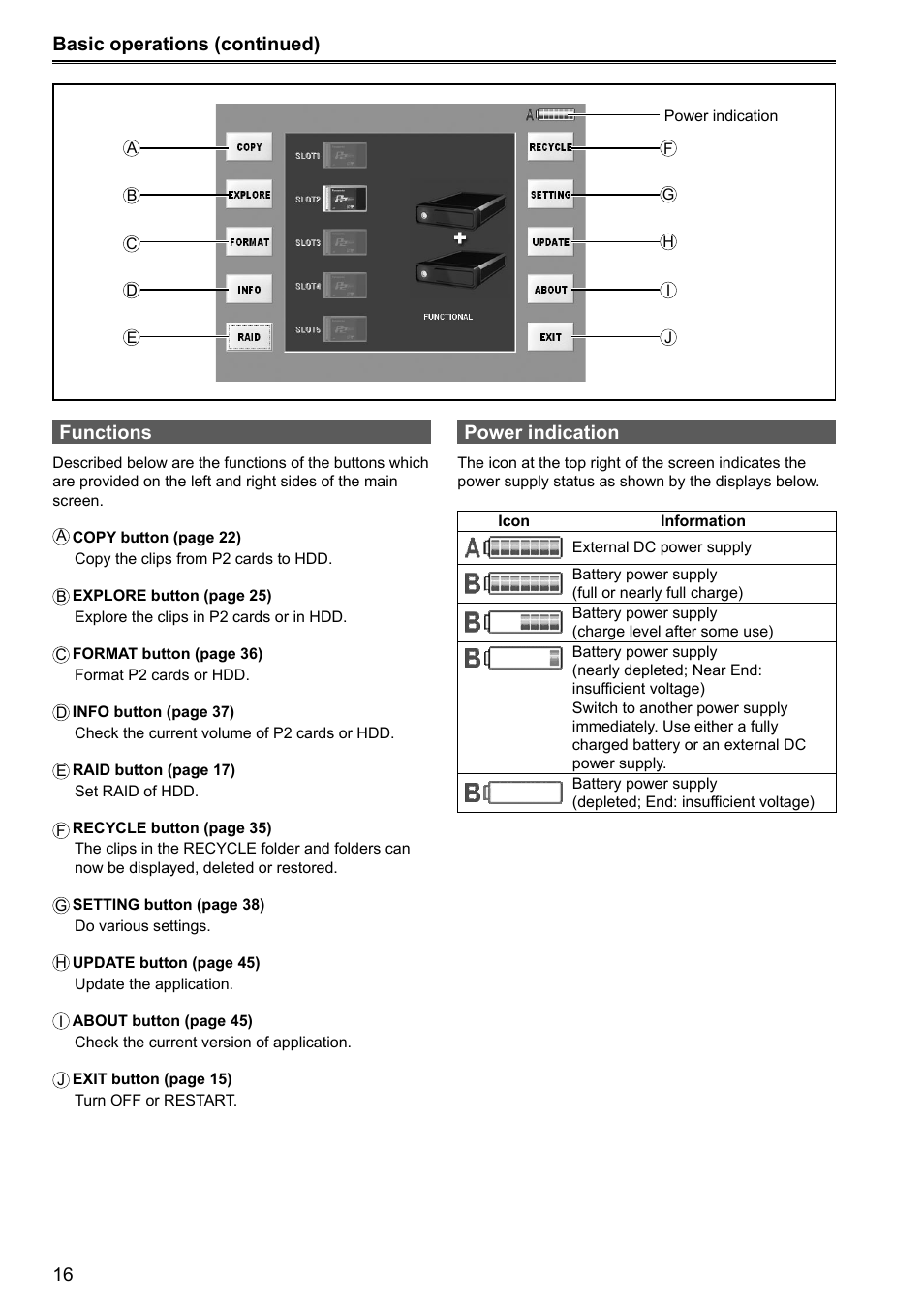 Basic operations (continued) functions, Power indication | Panasonic P2HD AJ-HRW10G User Manual | Page 16 / 48