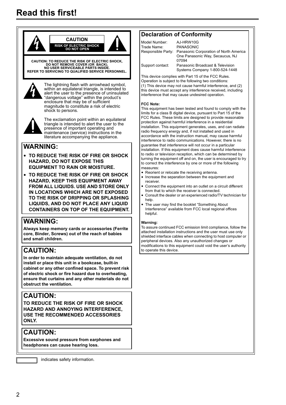 Read this first, Warning, Caution | Declaration of conformity | Panasonic P2HD AJ-HRW10G User Manual | Page 2 / 48