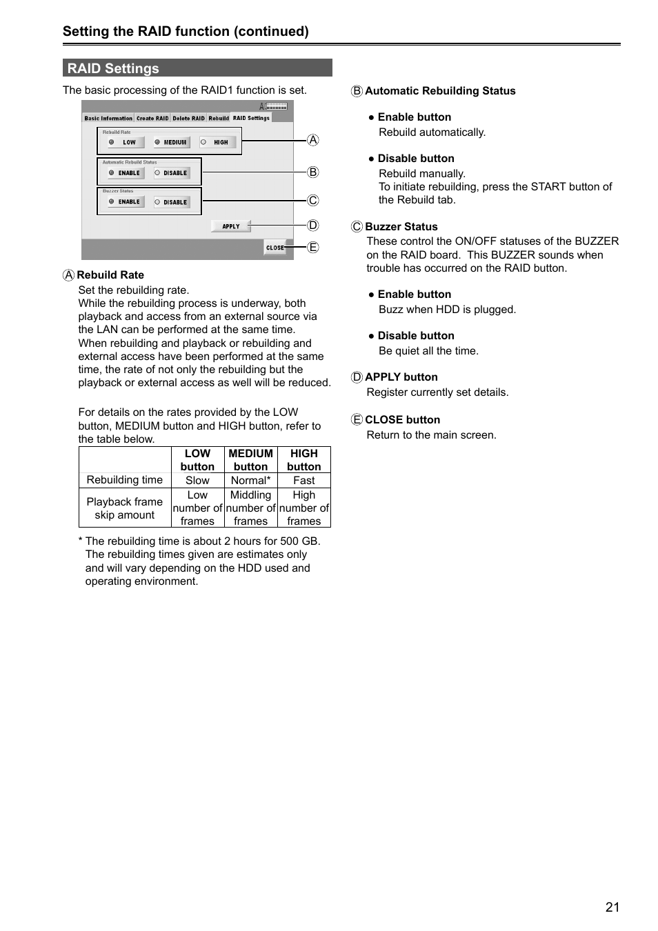 Raid settings, Setting the raid function (continued) | Panasonic P2HD AJ-HRW10G User Manual | Page 21 / 48