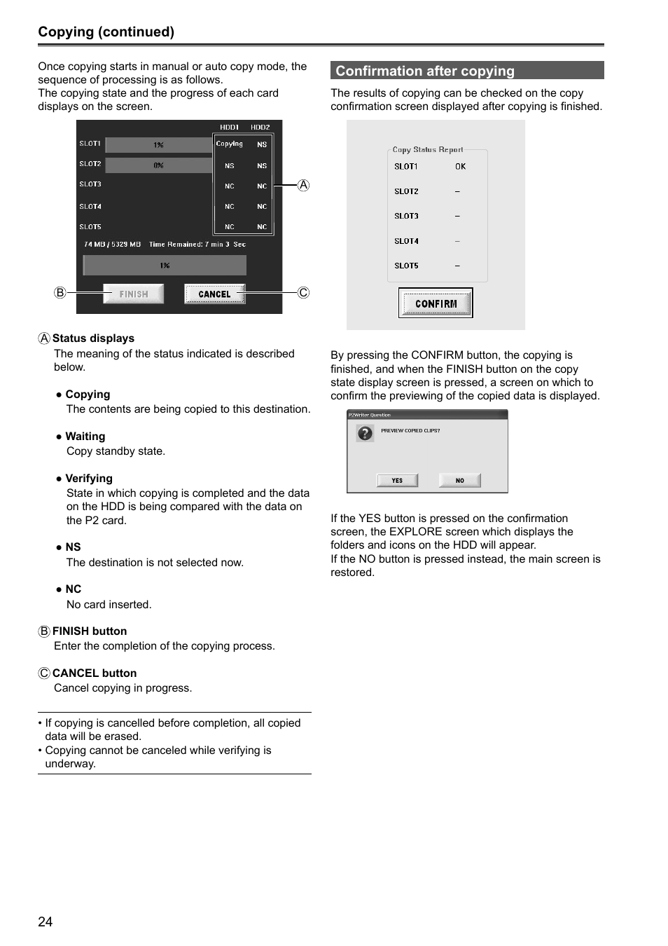 Copying (continued) confirmation after copying | Panasonic P2HD AJ-HRW10G User Manual | Page 24 / 48