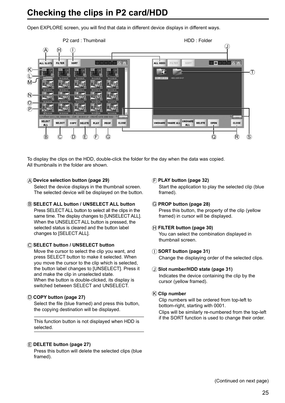 Checking the clips in p2 card/hdd | Panasonic P2HD AJ-HRW10G User Manual | Page 25 / 48