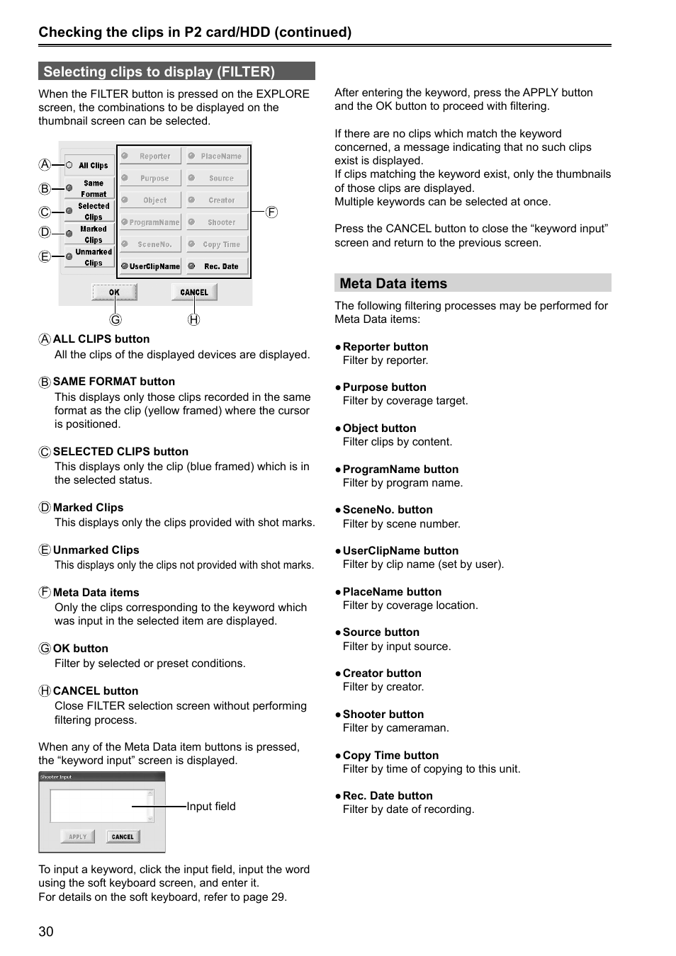 Selecting clips to display (filter), Checking the clips in p2 card/hdd (continued), Meta data items | Panasonic P2HD AJ-HRW10G User Manual | Page 30 / 48