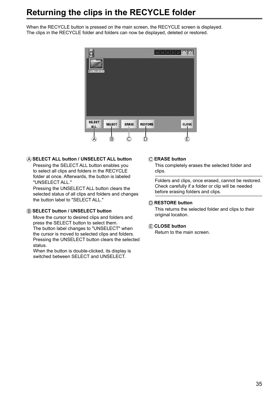 Returning the clips in the recycle folder | Panasonic P2HD AJ-HRW10G User Manual | Page 35 / 48