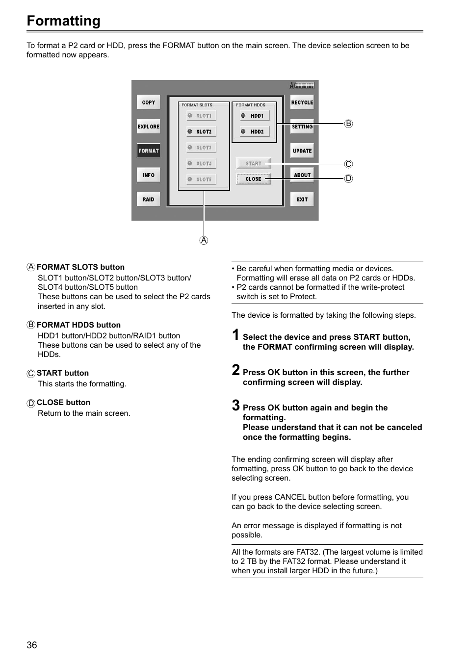 Formatting | Panasonic P2HD AJ-HRW10G User Manual | Page 36 / 48