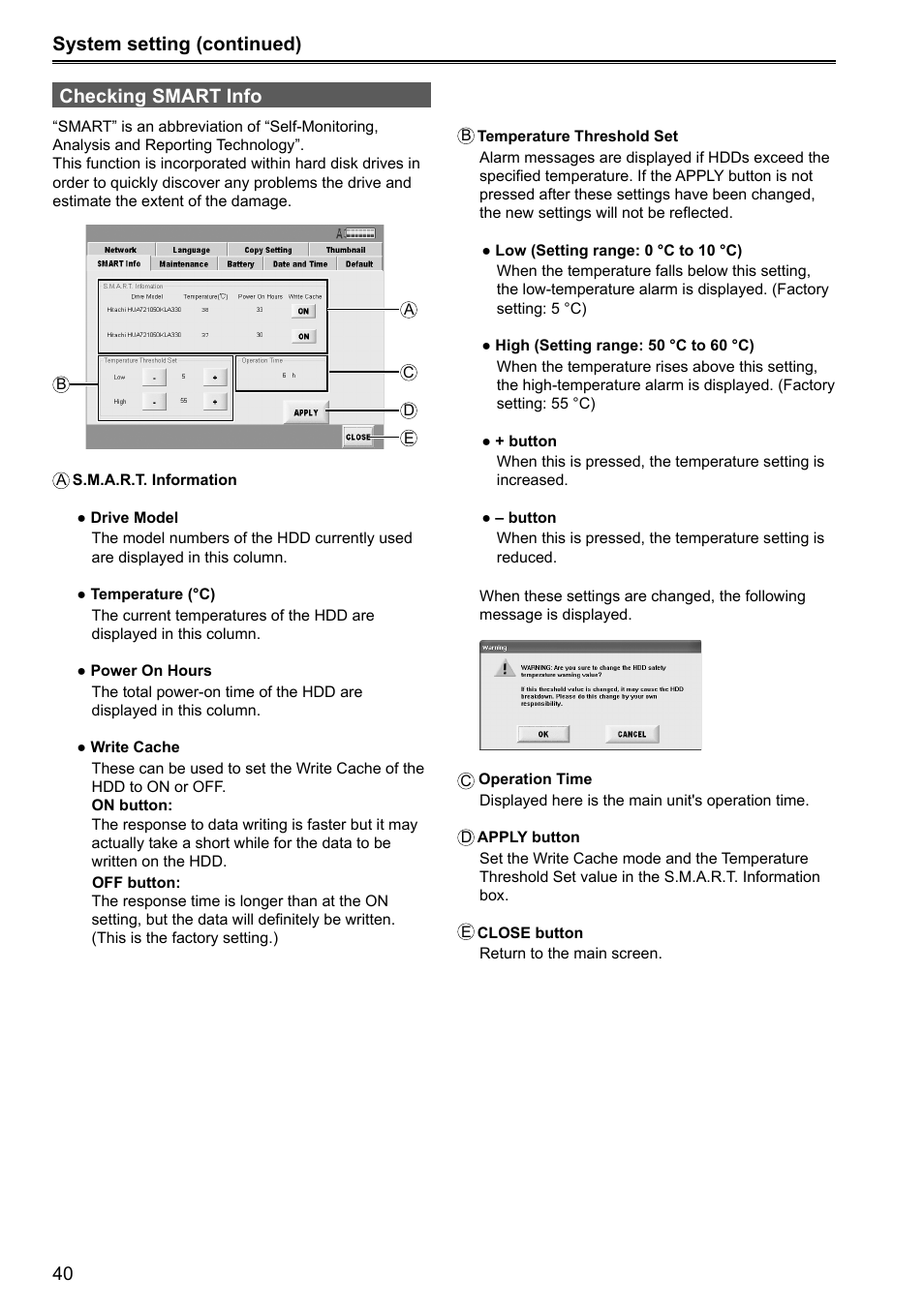 System setting (continued) checking smart info | Panasonic P2HD AJ-HRW10G User Manual | Page 40 / 48