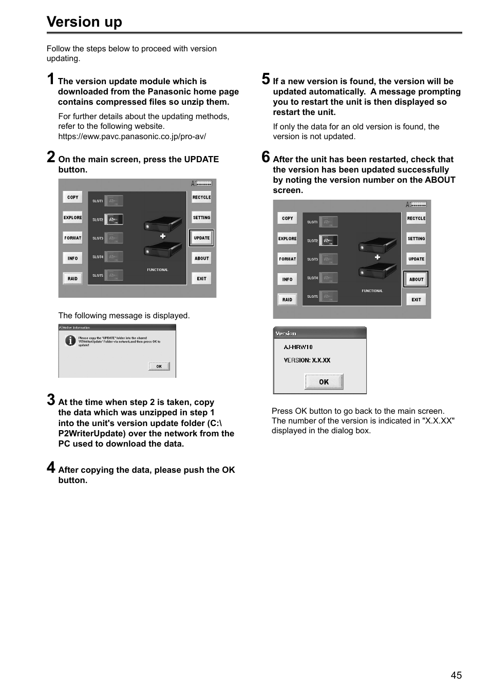 Version up | Panasonic P2HD AJ-HRW10G User Manual | Page 45 / 48