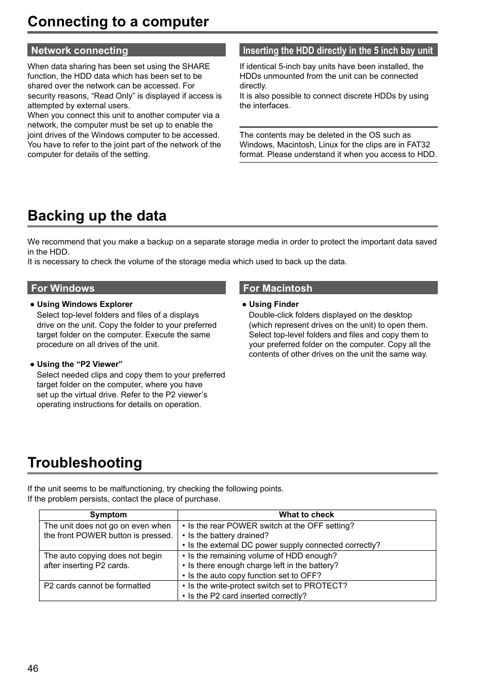 Backing up the data, Connecting to a computer, Troubleshooting | Panasonic P2HD AJ-HRW10G User Manual | Page 46 / 48