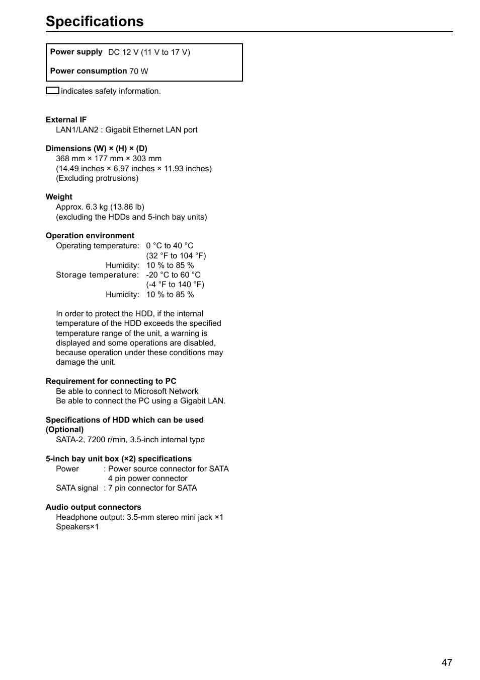 Specifications | Panasonic P2HD AJ-HRW10G User Manual | Page 47 / 48