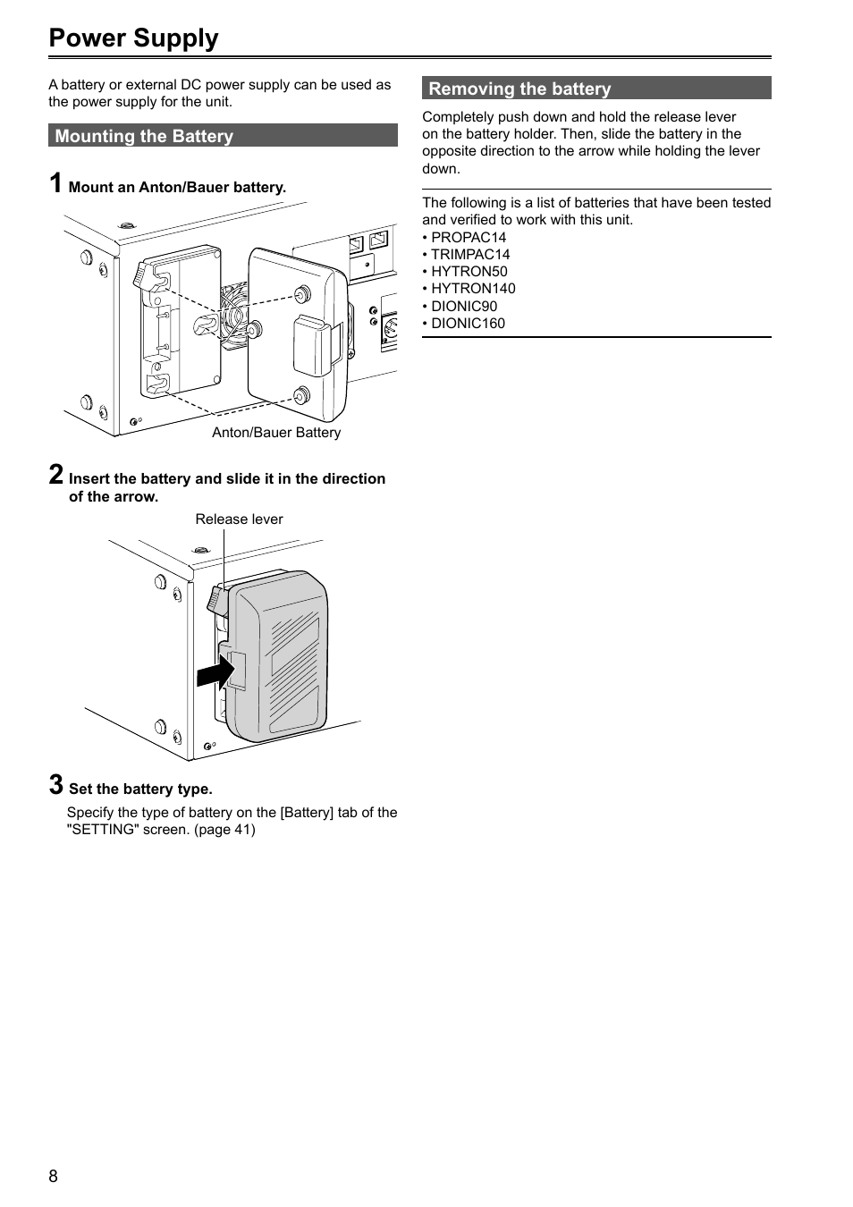 Power supply | Panasonic P2HD AJ-HRW10G User Manual | Page 8 / 48