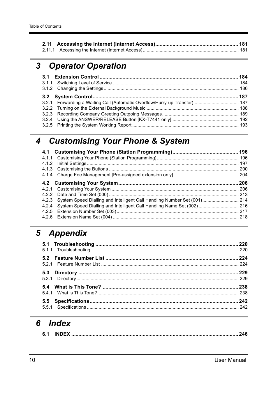 3operator operation, 4customising your phone & system, 5appendix | 6index, 3operator operation, 4customising your phone & system, 5appendix, 6index | Panasonic KX-TD612NZ User Manual | Page 10 / 250