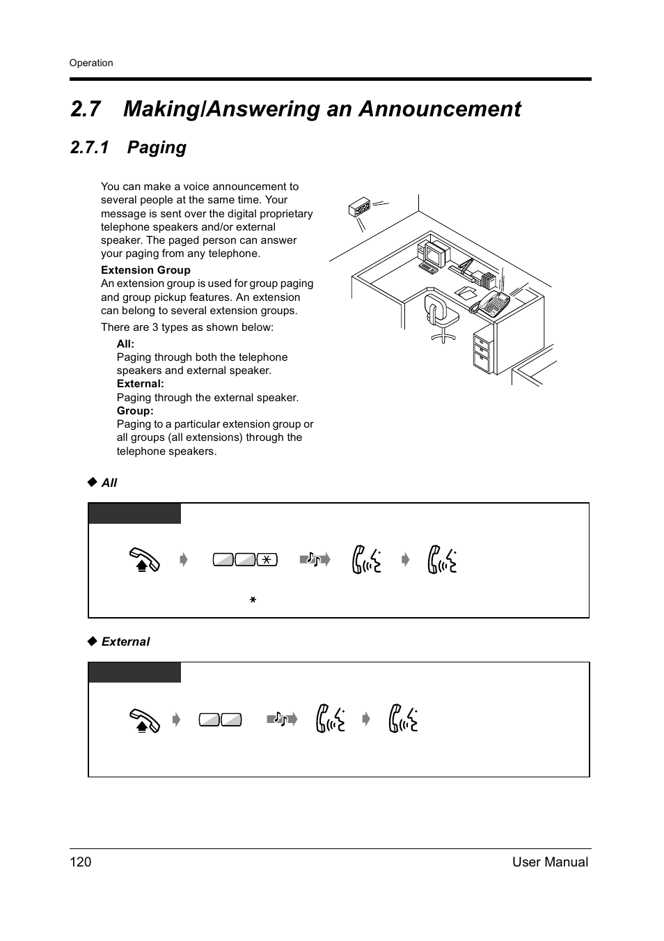 7making/answering an announcement, 1paging, Making/answering an announcement | Paging, 7 making/answering an announcement, 1 paging | Panasonic KX-TD612NZ User Manual | Page 120 / 250