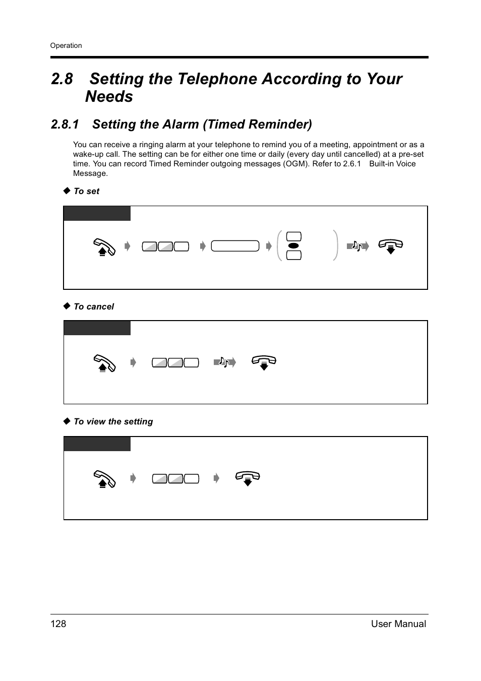 8setting the telephone according to your needs, 1setting the alarm (timed reminder), Setting the telephone according to your needs | Setting the alarm (timed reminder), Setting the alarm (timed reminder)), 8 setting the telephone according to your needs, 1 setting the alarm (timed reminder) | Panasonic KX-TD612NZ User Manual | Page 128 / 250