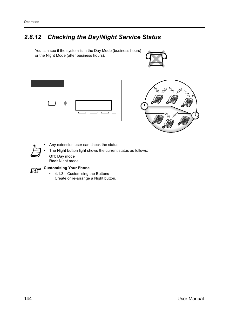 12checking the day/night service status, Checking the day/night service status, 12 checking the day/night service status | 144 user manual | Panasonic KX-TD612NZ User Manual | Page 144 / 250