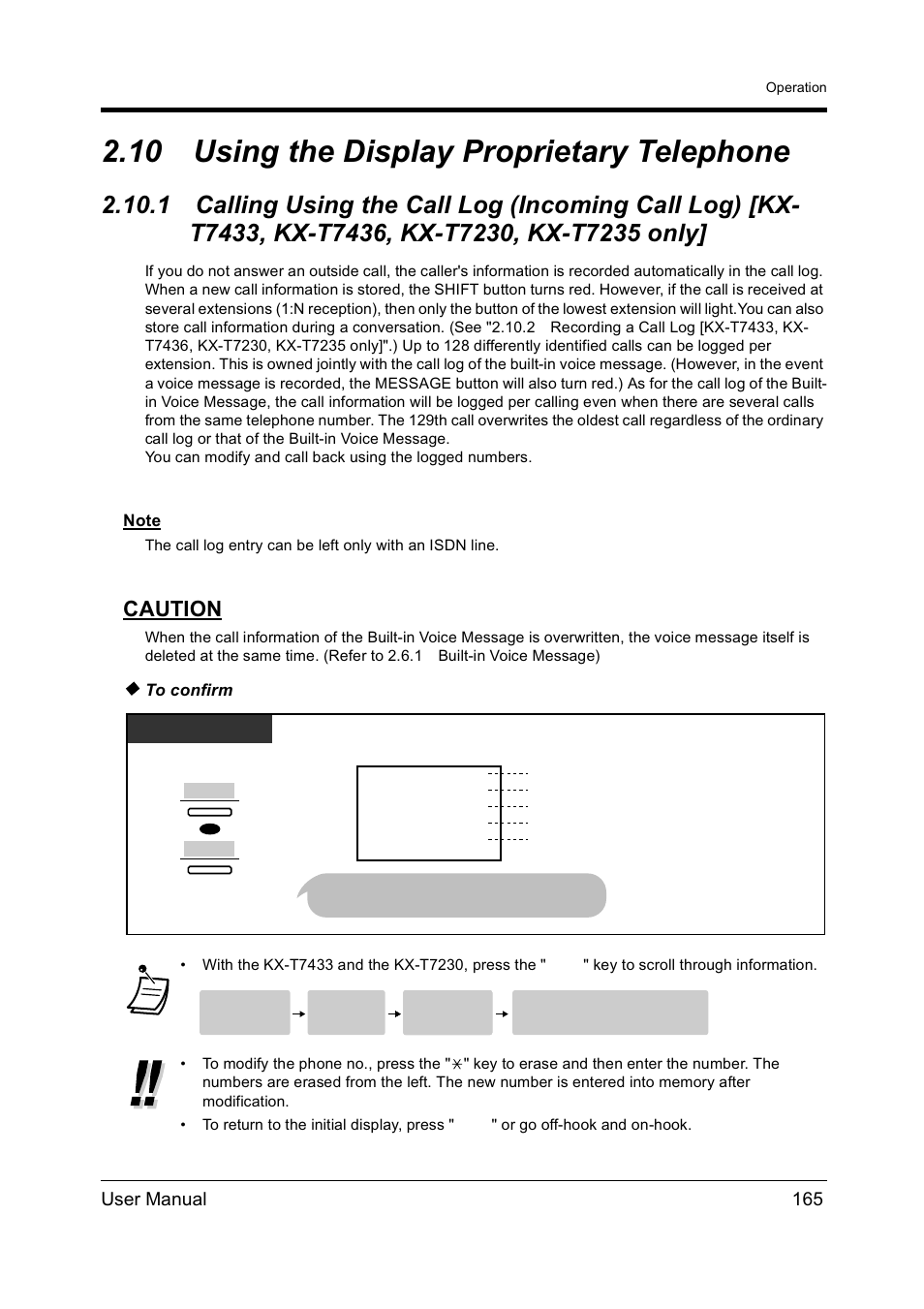 10using the display proprietary telephone, Using the display proprietary telephone, Only | Using, The display proprietary telephone, Kx-t7436, kx-t7230, kx-t7235 only]), 10 using the display proprietary telephone, Caution, User manual 165 | Panasonic KX-TD612NZ User Manual | Page 165 / 250
