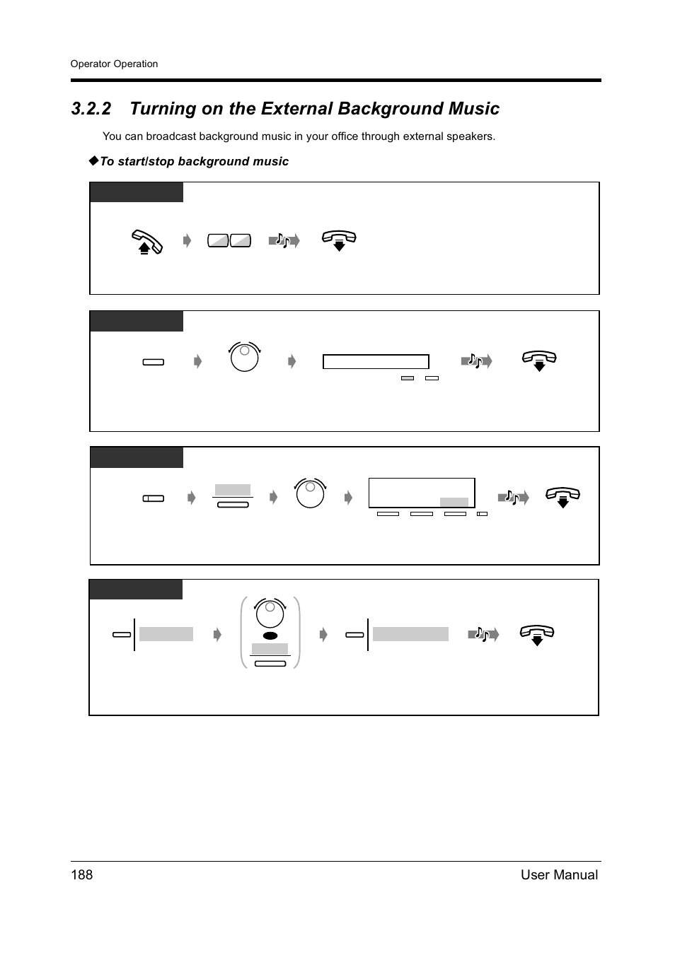 2turning on the external background music, Turning on the external background music, Turning on the | External background music, 2 turning on the external background music, 188 user manual, Dpt/slt, T7431, T7433 | Panasonic KX-TD612NZ User Manual | Page 188 / 250