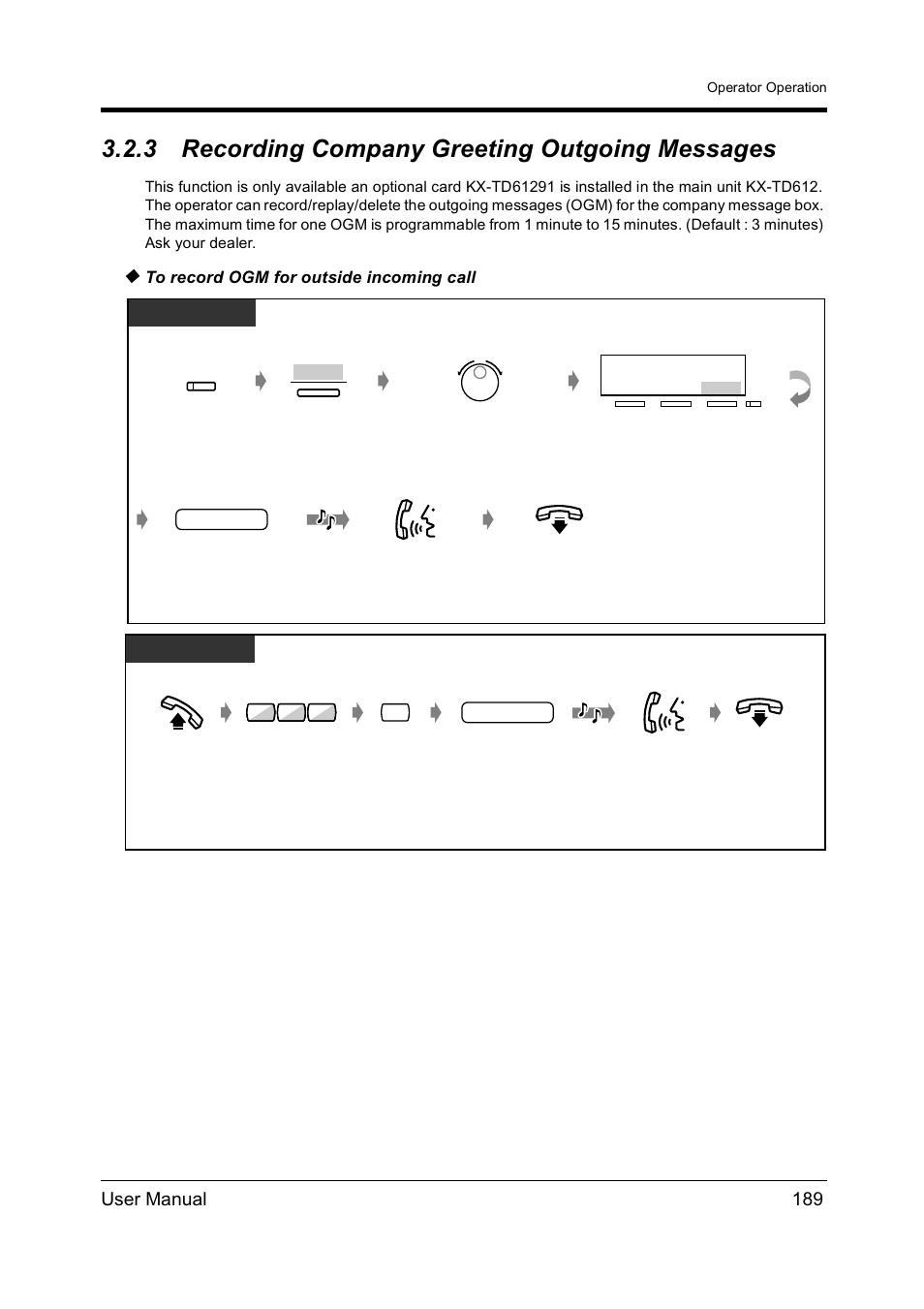 3recording company greeting outgoing messages, Recording company greeting outgoing messages, Recording company greeting outgoing | Messages, Recording company greeting outgoing messages), Recording, Company greeting outgoing messages, 3 recording company greeting outgoing messages, User manual 189, Dpt/slt | Panasonic KX-TD612NZ User Manual | Page 189 / 250