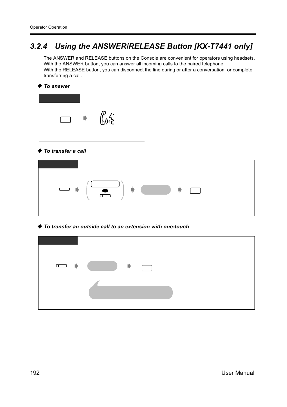 4using the answer/release button [kx-t7441 only, Using the answer/release button [kx-t7441 only, 192 user manual | Panasonic KX-TD612NZ User Manual | Page 192 / 250