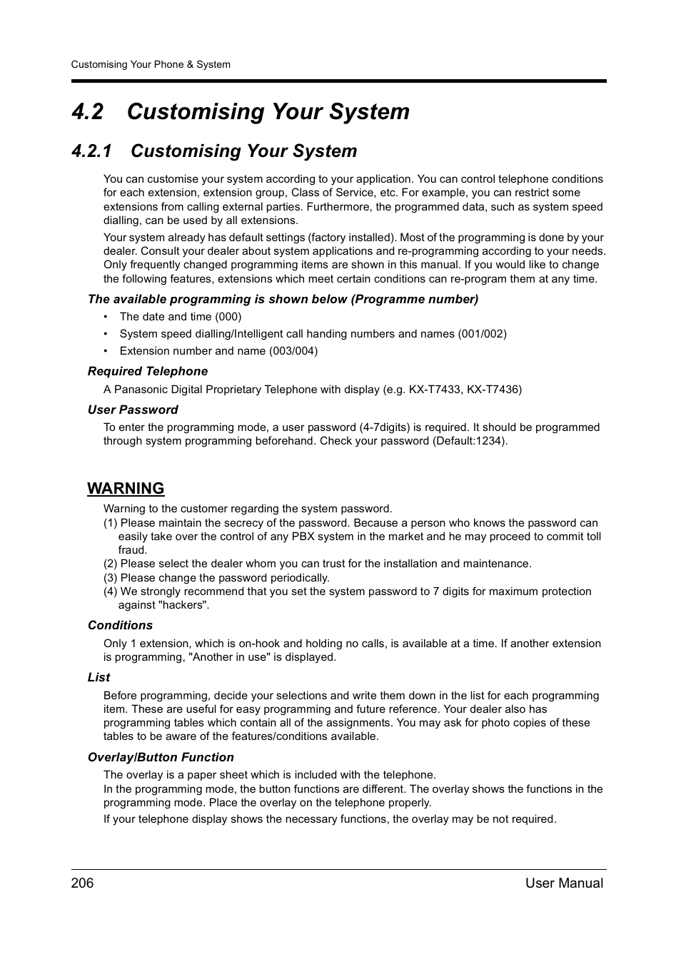 2customising your system, 1customising your system, Customising your system | 2 customising your system, 1 customising your system, Warning | Panasonic KX-TD612NZ User Manual | Page 206 / 250