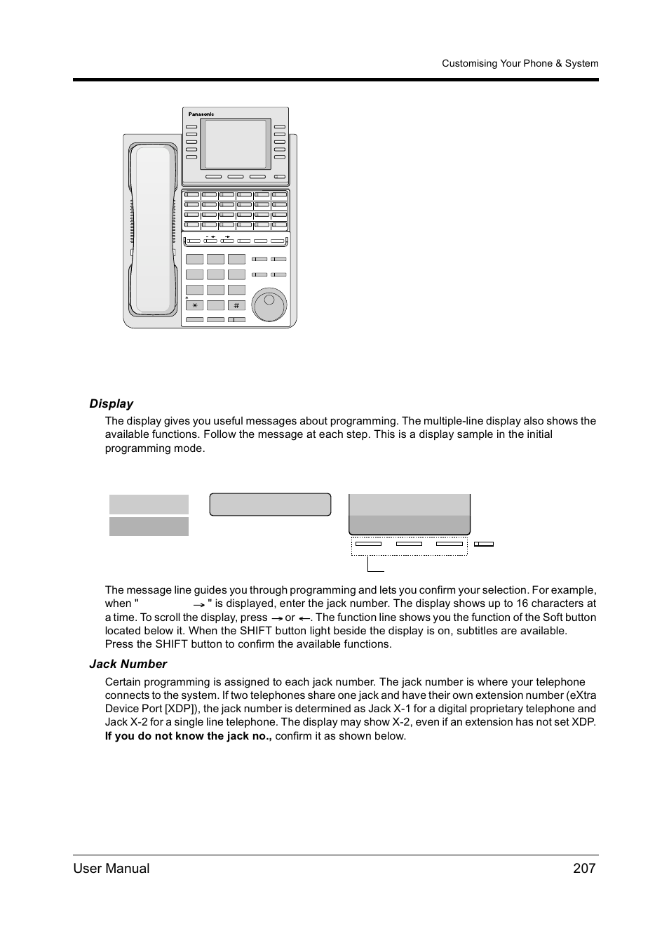 User manual 207, Display, Jack number | Mng-pgm no? → mng-pgm no? → clr next, Kx-t7436 with the overlay, Customising your phone & system | Panasonic KX-TD612NZ User Manual | Page 207 / 250