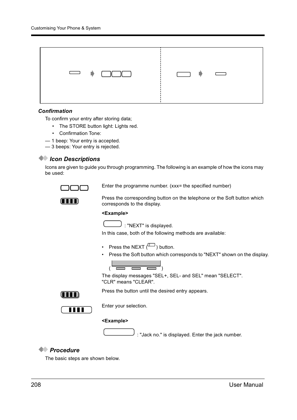 208 user manual, Icon descriptions, Procedure | Panasonic KX-TD612NZ User Manual | Page 208 / 250