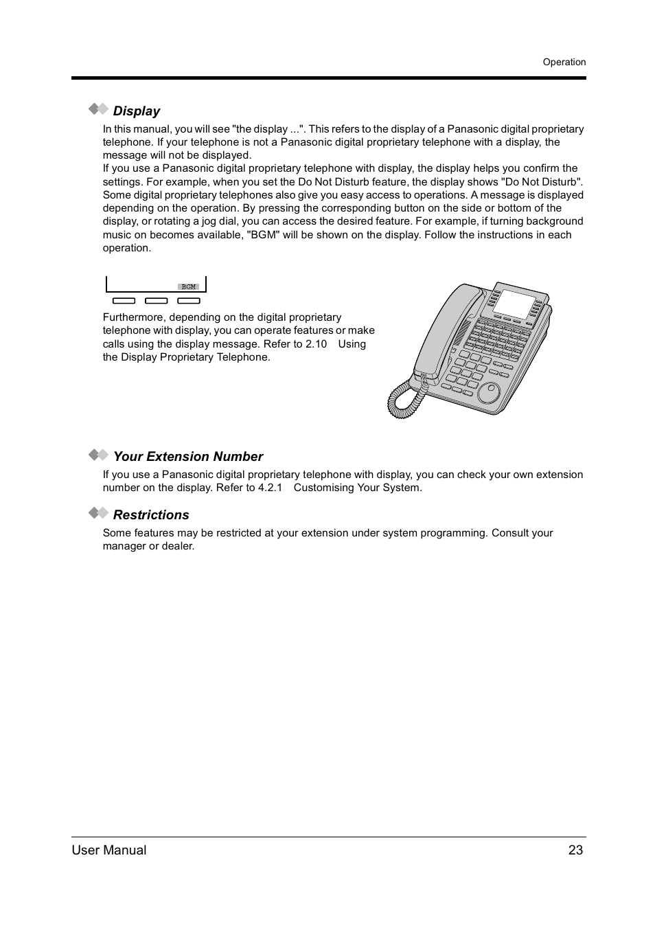 User manual 23 display, Your extension number, Restrictions | Operation | Panasonic KX-TD612NZ User Manual | Page 23 / 250