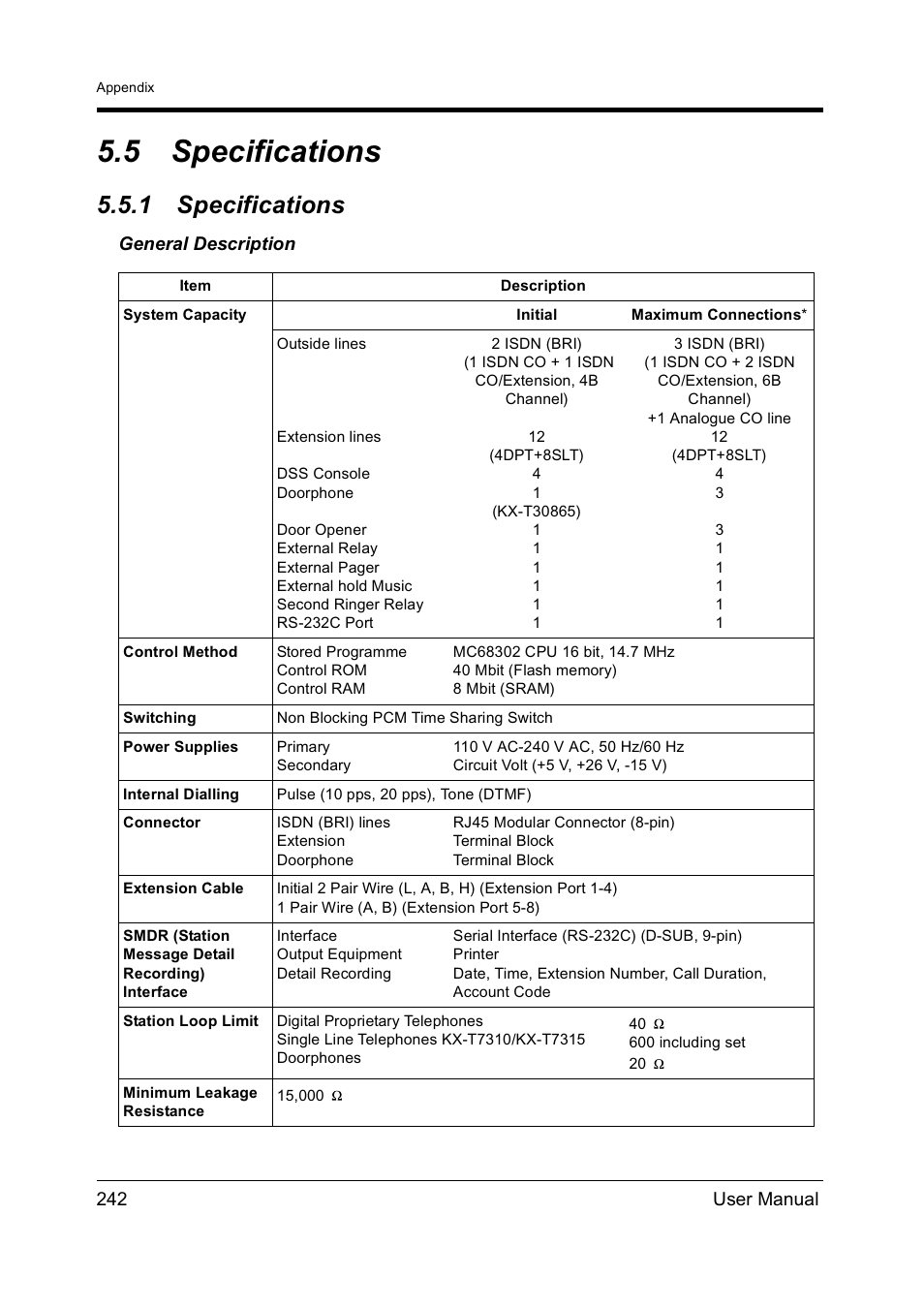 5specifications, 1specifications, Specifications | 5 specifications, 1 specifications | Panasonic KX-TD612NZ User Manual | Page 242 / 250