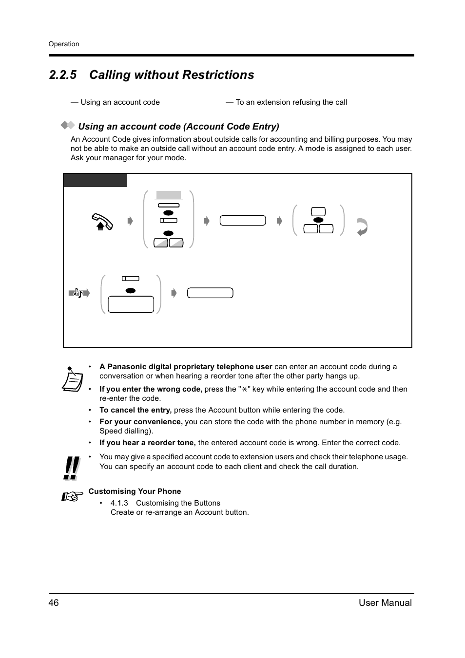 5calling without restrictions, Calling without restrictions, 5 calling without restrictions | 46 user manual, Using an account code (account code entry) | Panasonic KX-TD612NZ User Manual | Page 46 / 250