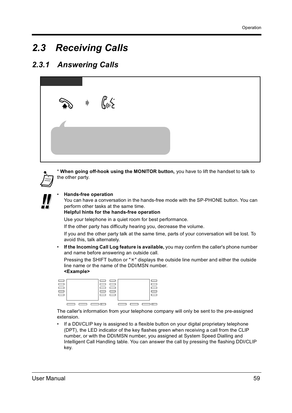 3receiving calls, 1answering calls, Receiving calls | Answering calls, 3 receiving calls, 1 answering calls, User manual 59 | Panasonic KX-TD612NZ User Manual | Page 59 / 250