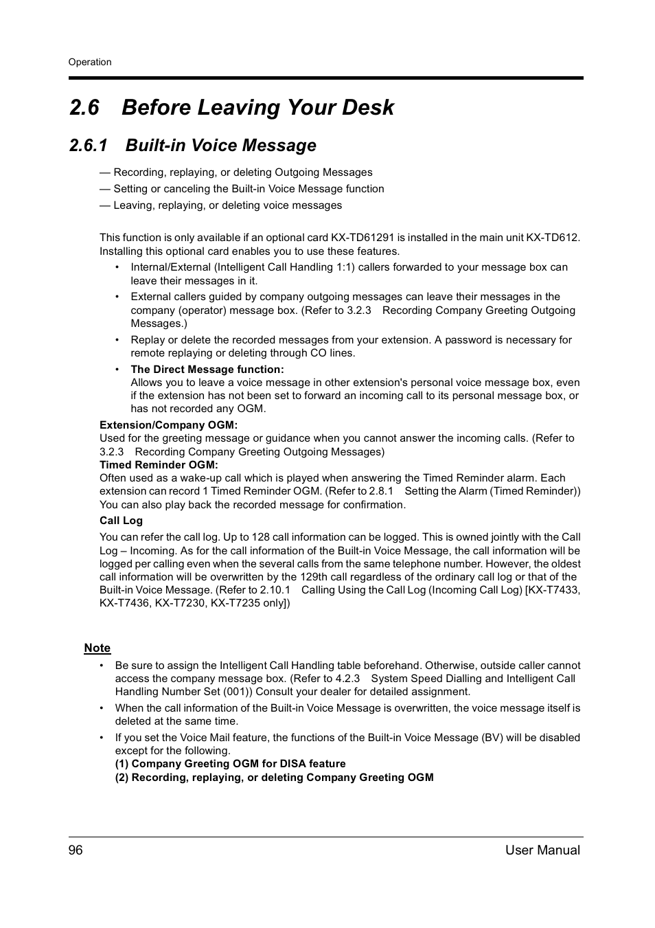 6before leaving your desk, 1built-in voice message, Built-in voice message | Before leaving your desk, 6 before leaving your desk, 1 built-in voice message | Panasonic KX-TD612NZ User Manual | Page 96 / 250