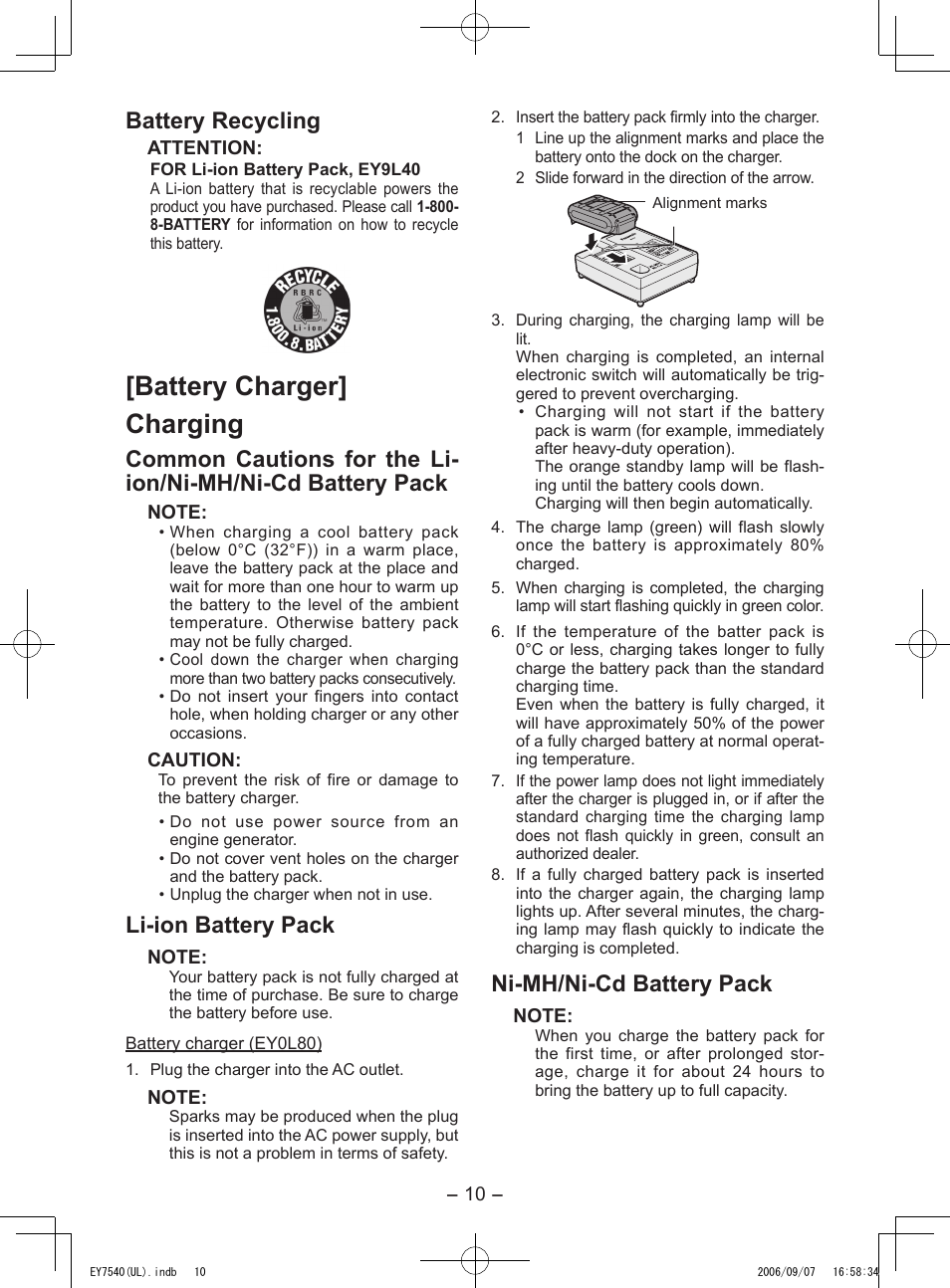 Battery charger] charging, Battery recycling, Li­ion battery pack | Ni­mh/ni­cd battery pack | Panasonic EY7540 User Manual | Page 10 / 48